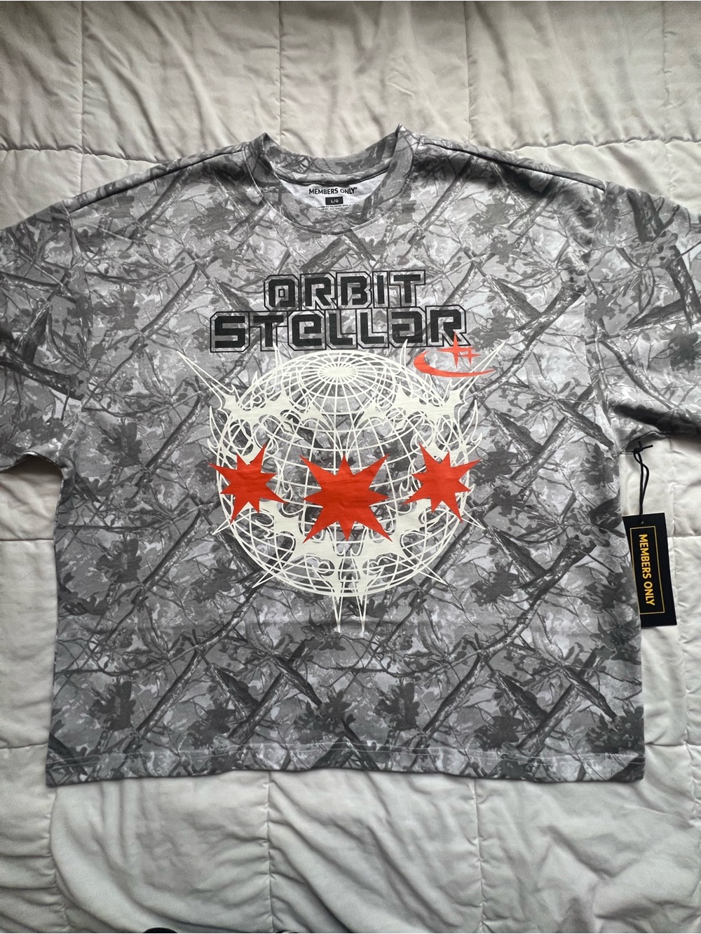 Members Only Gray Graphic Tee with Orange Stars
